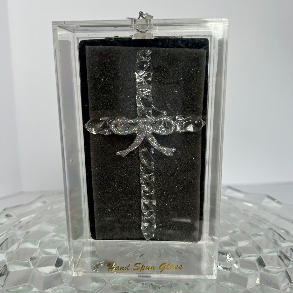 Hand Spun Glass Cross‎ Ornament w/ Bow Unique Treasures in Gift Box